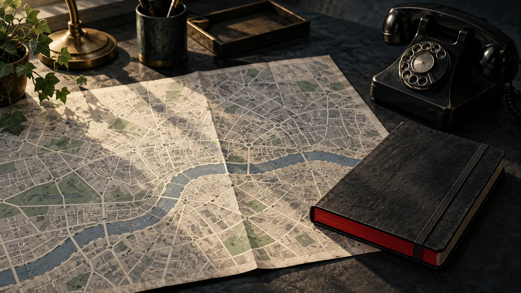 Illustration of an unlabeled street map, closed notebook and desk telephone.