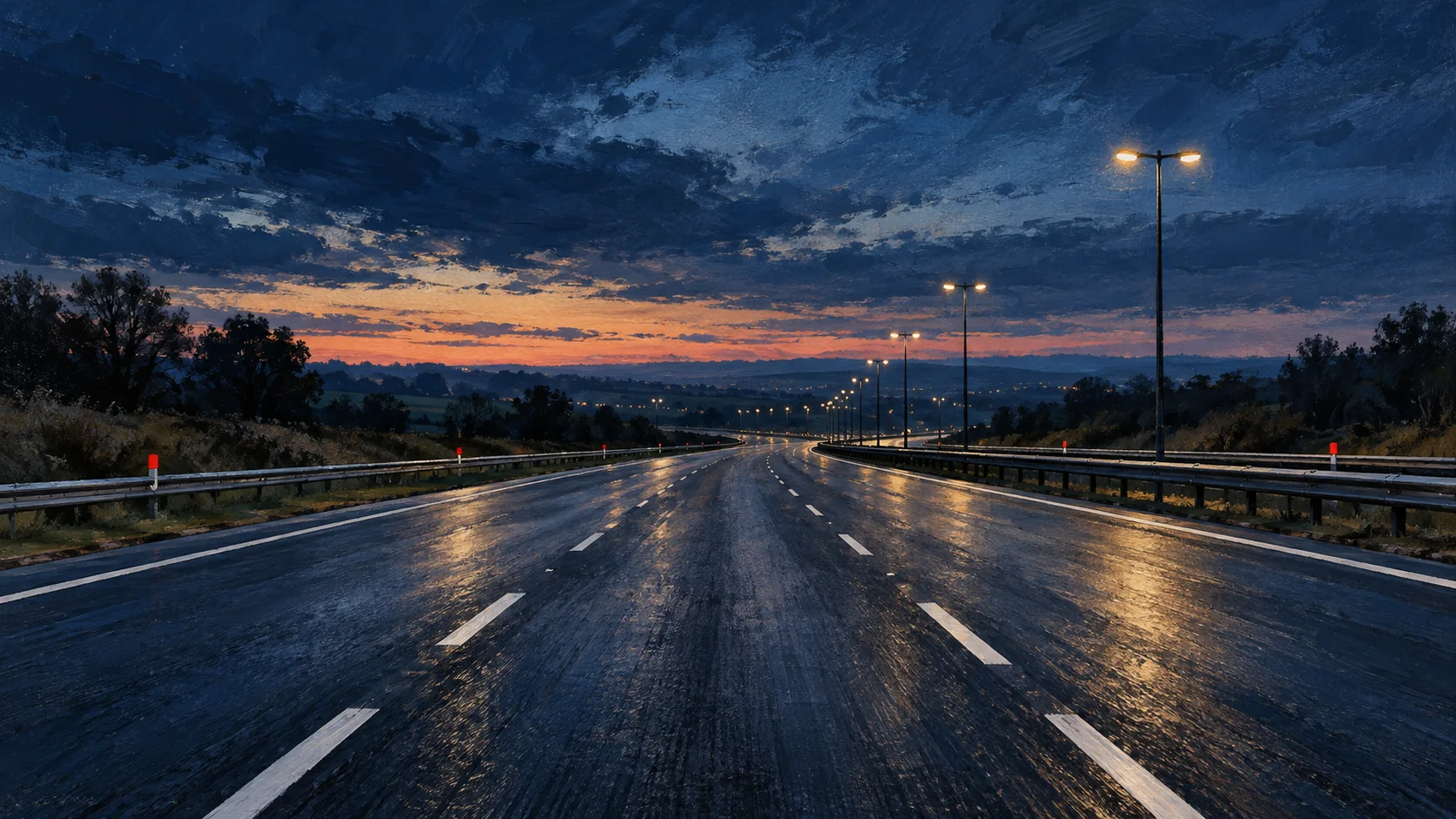 Illustration of an empty motorway beneath a blue dusk sky.