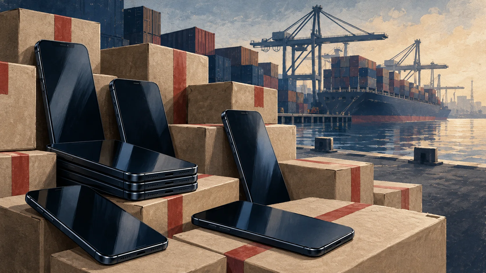 Illustration of unbranded smartphones and shipping boxes beside a generic container port.