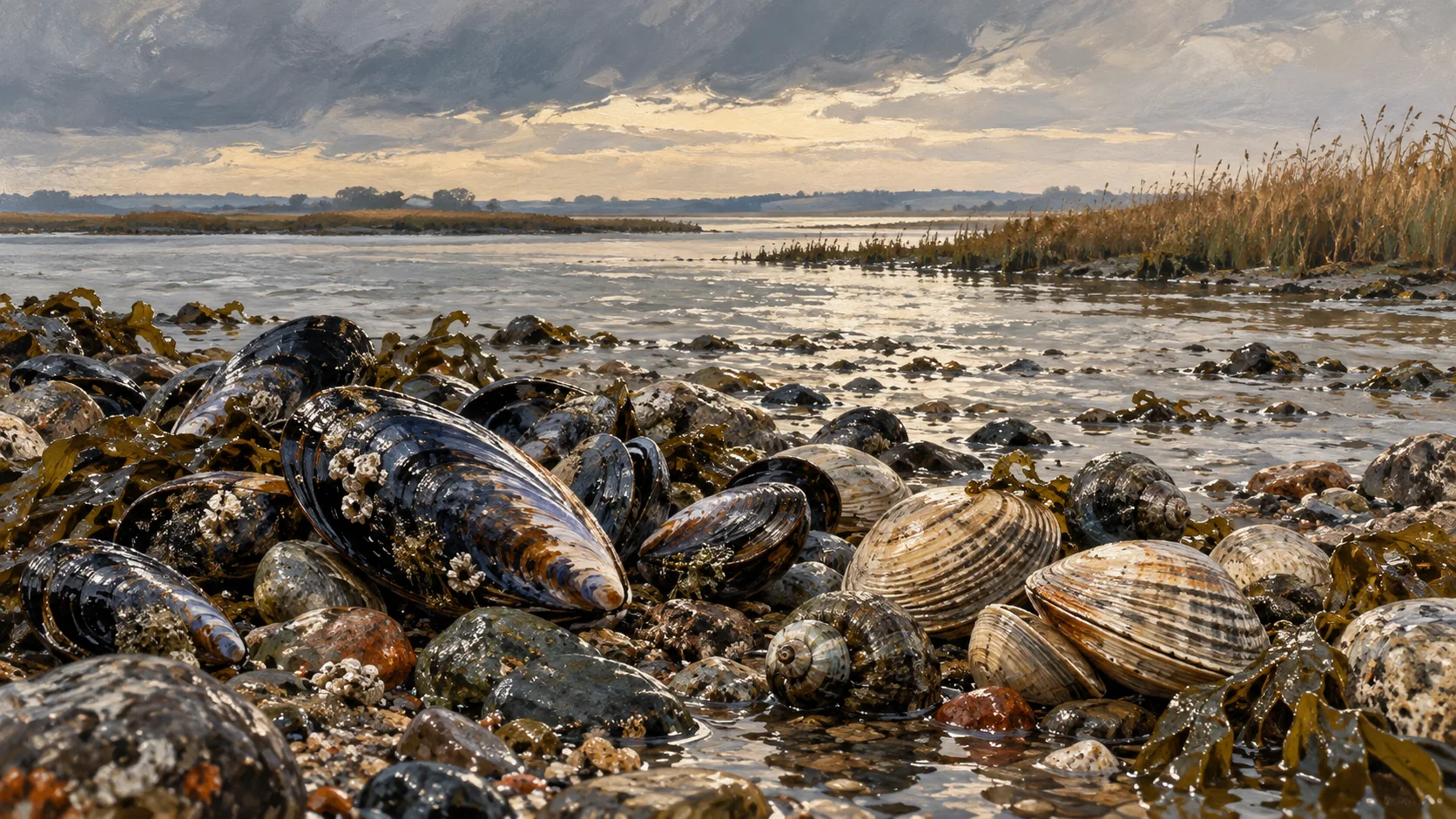 Illustration of mussels, clams and periwinkles on a wet estuary shore.