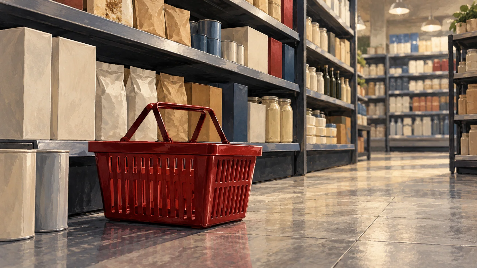 Illustration of a red shopping basket beside unbranded goods in an empty shop aisle.